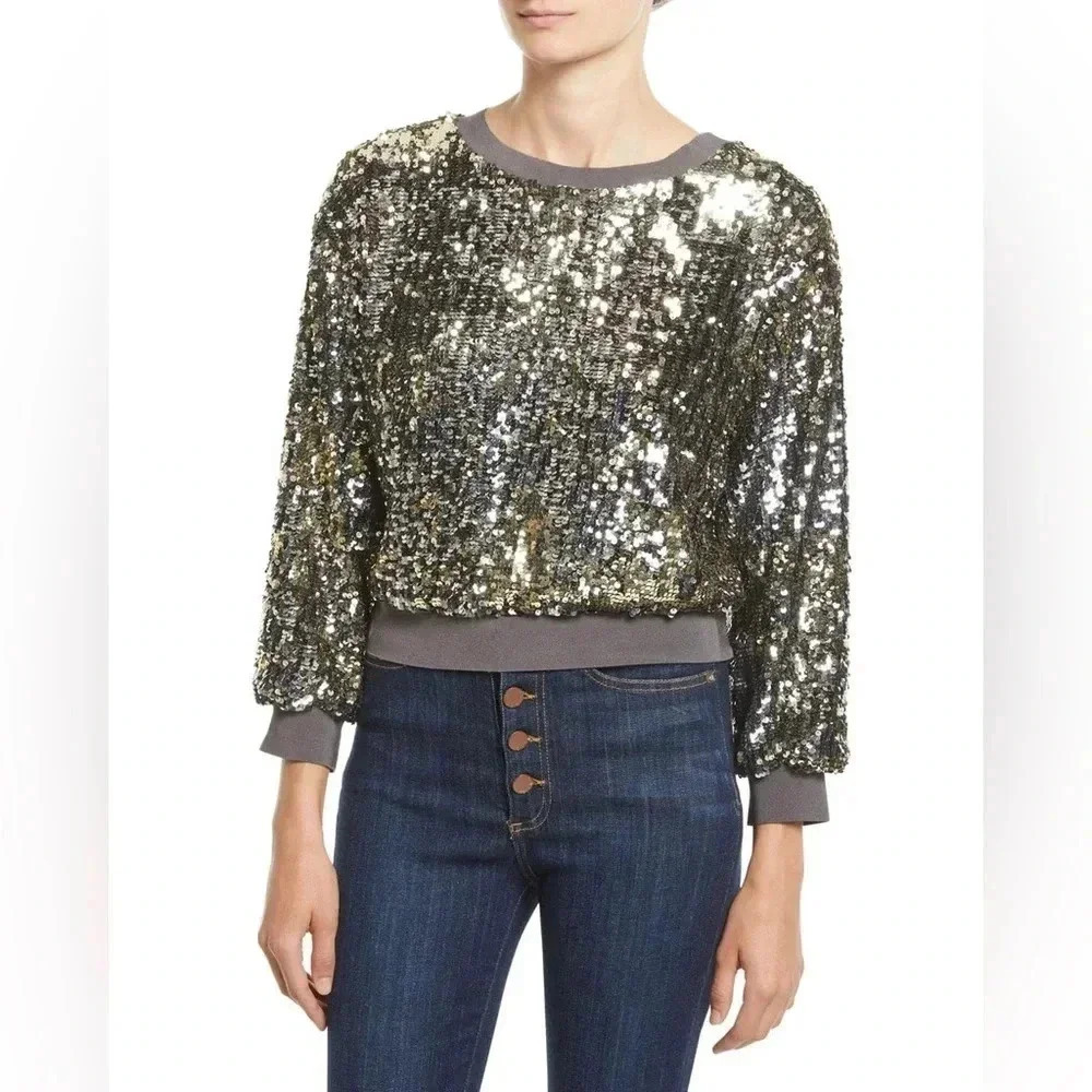 Alice + Olivia Sequin‎ Cropped Embellished Metallic Long Sleeve Sweatshirt Sz XS
